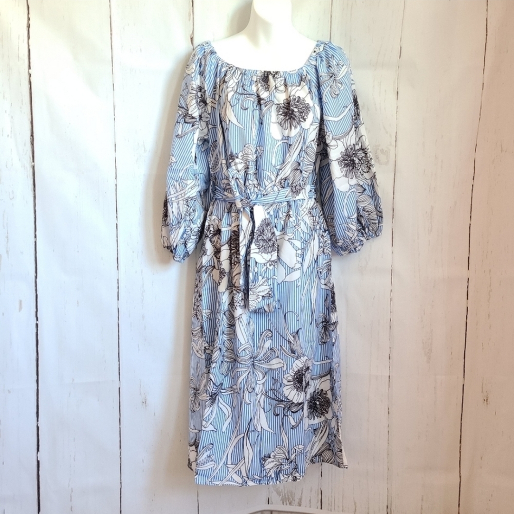 Christy & Co blue floral off the shoulder dress modest style midi stretch new
